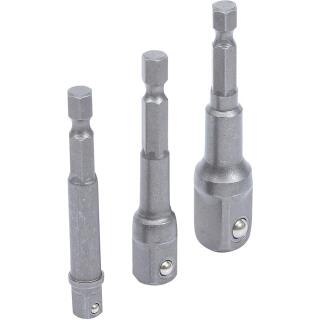 Adapter-Satz für Bohrmaschinen, Antrieb Außensechskant 6,3 mm (1/4 Zoll), Abtrieb Außenvierkant 6,3 mm (1/4 Zoll) / 10 mm (3/8 Zoll) / 12,5 mm (1/2 Zoll), 3-tlg.